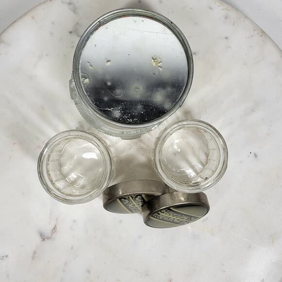 Vintage Glass Vanity Jar Set Cameo Lid & Art Deco Floral Inlay Metal Tops – 3 Pc - Picture 12 of 16